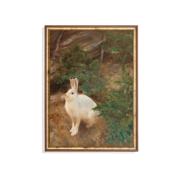 White Hare at the Forest Edge Vintage Rabbit Wildlife Art Poster