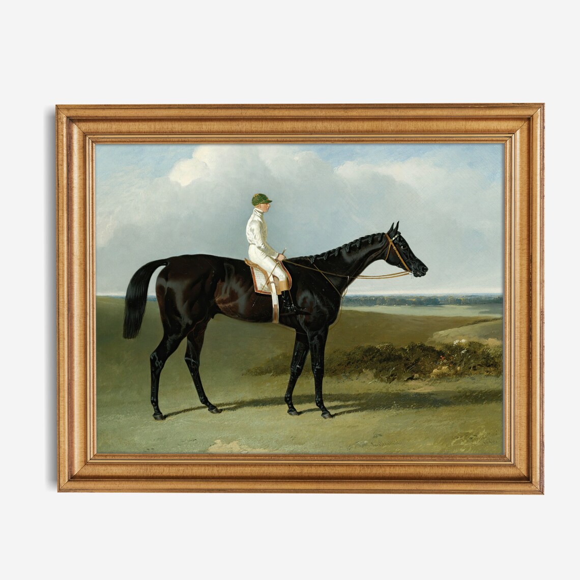 Jockey in White Silks on a Dark Bay Racehorse on Green Downs Poster - Image 3