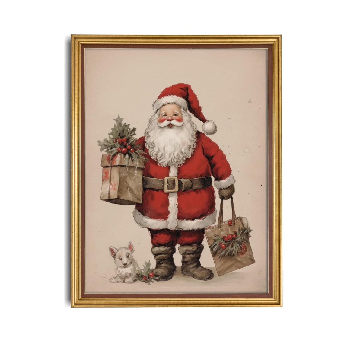 Vintage Santa Claus With Gift Bags And Puppy Christmas Poster - Image 4