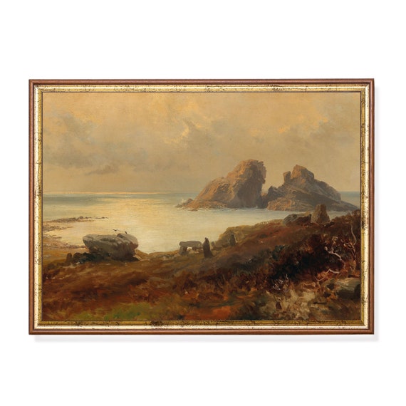 Vintage Coastal Landscape Painting Seascape Antique Print Horizontal Wall Art Moody Beach Print Farmhouse Decor