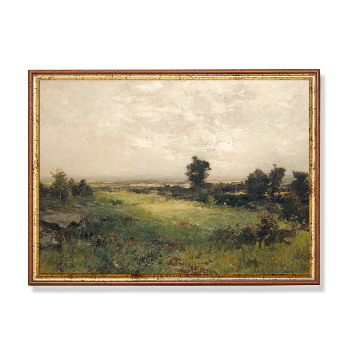 Green Pasture Meadow Under Soft Hazy Sky Vintage Country Poster