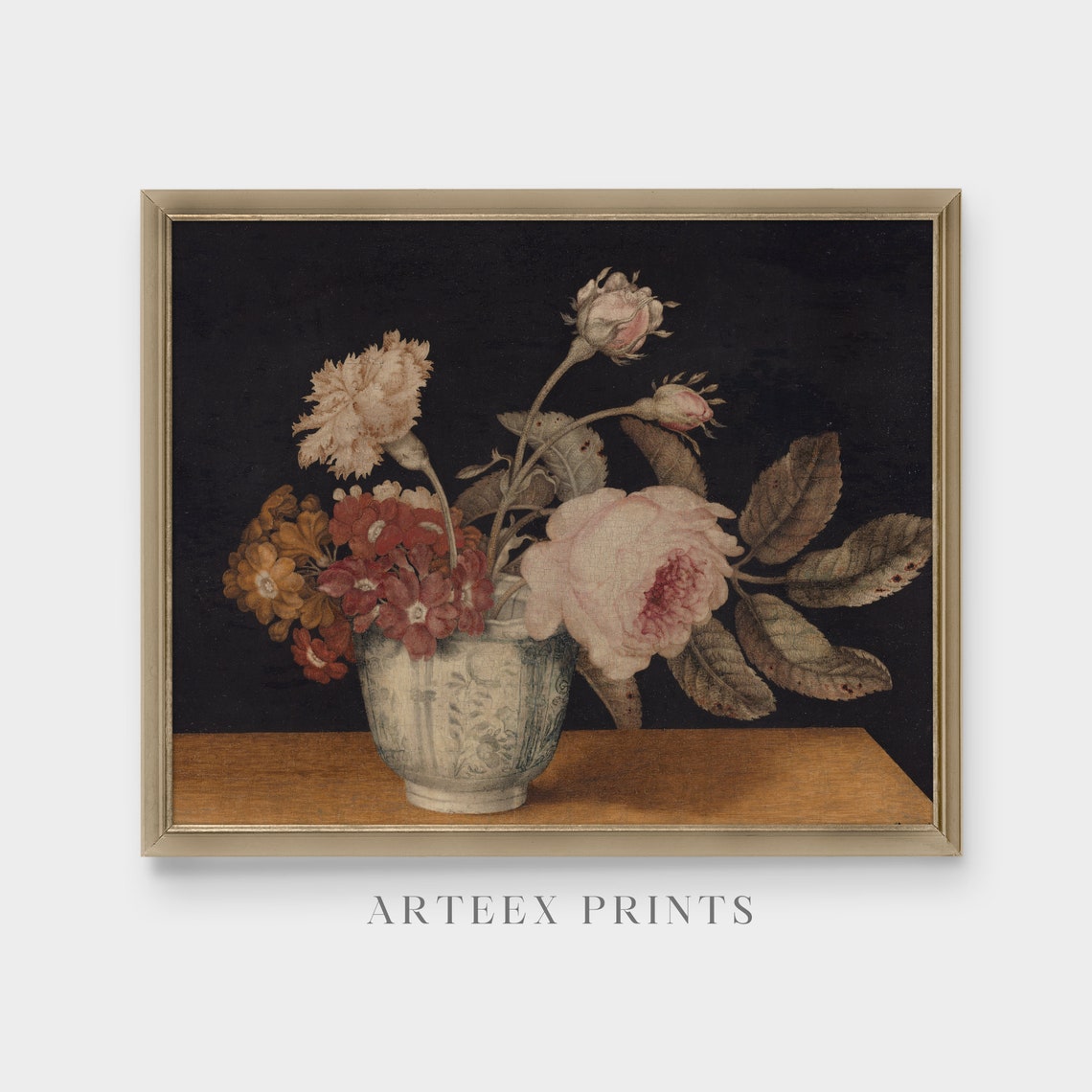 Roses And Carnations In Blue Vase Vintage Floral Still Life Poster - Image 3
