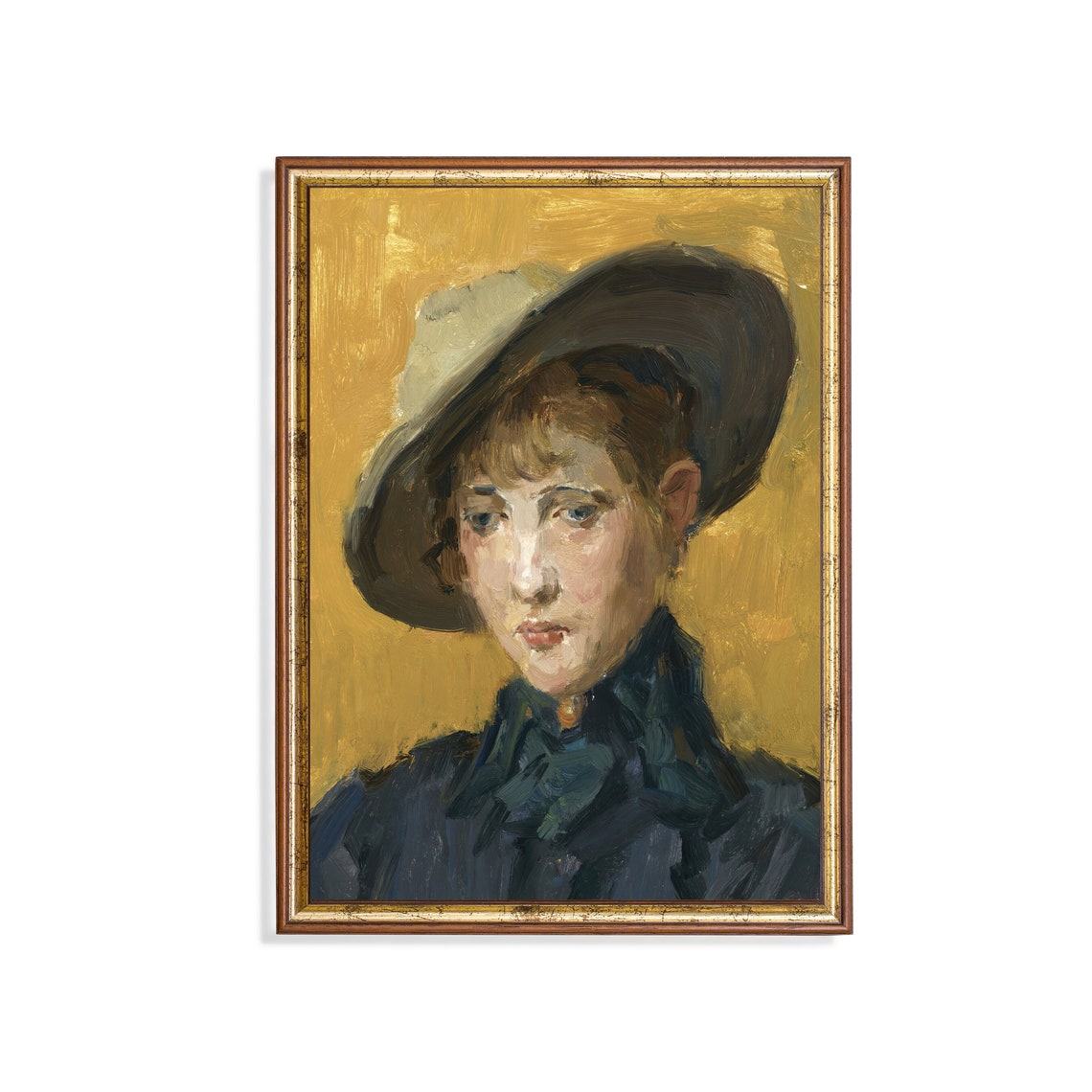 Impressionist Girl in a Wide Brimmed Hat on Gold Background Poster