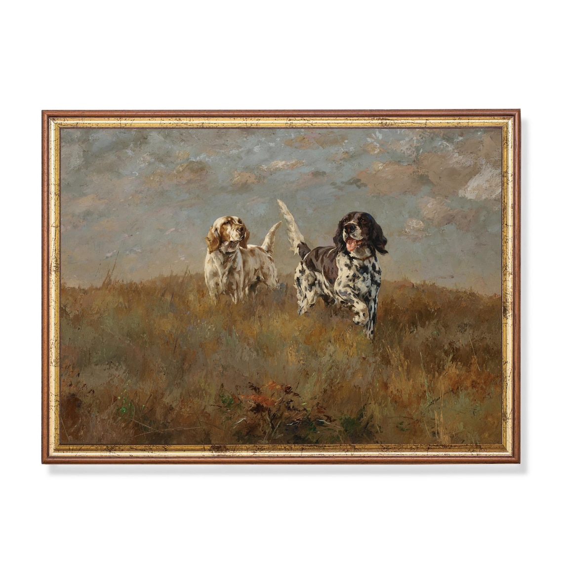 Antique Painting Of Two Setters Running In Field Fine Art Poster