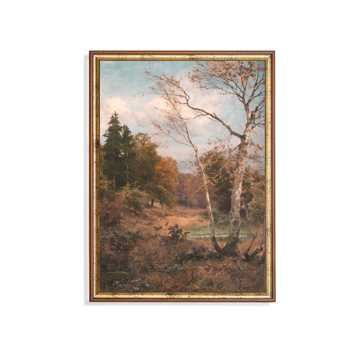 Autumn Birch Forest Clearing Beneath a Bright Blue Sky Poster