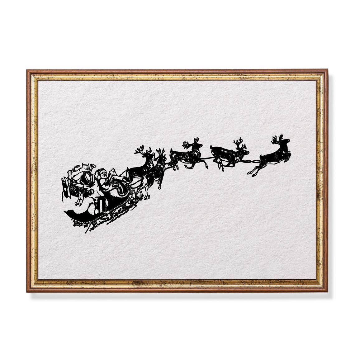 Santa Sleigh Reindeer Silhouette Black Ink Christmas Art Poster