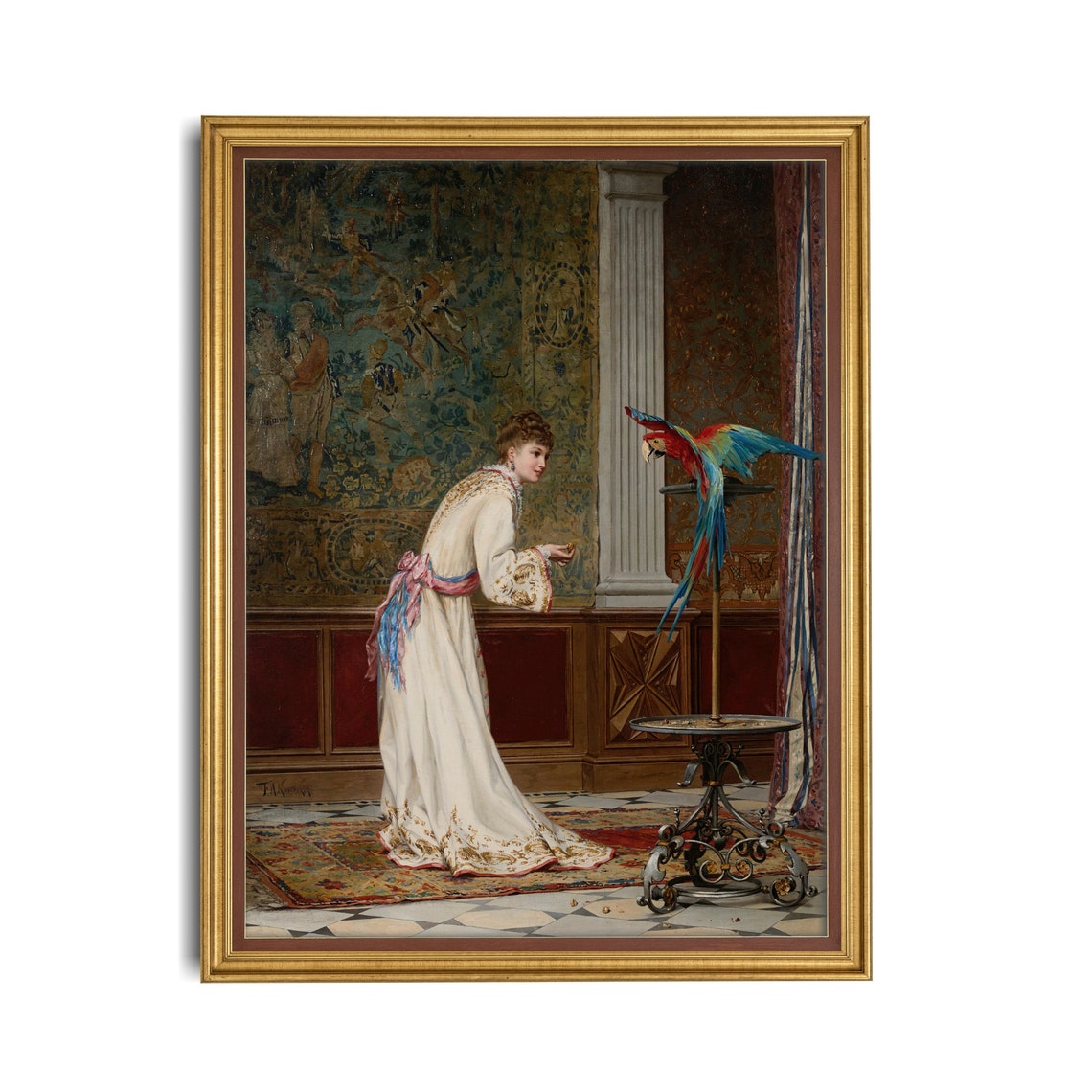 Woman in White Feeding a Macaw Parrot Vintage Interior Art Poster - Image 2