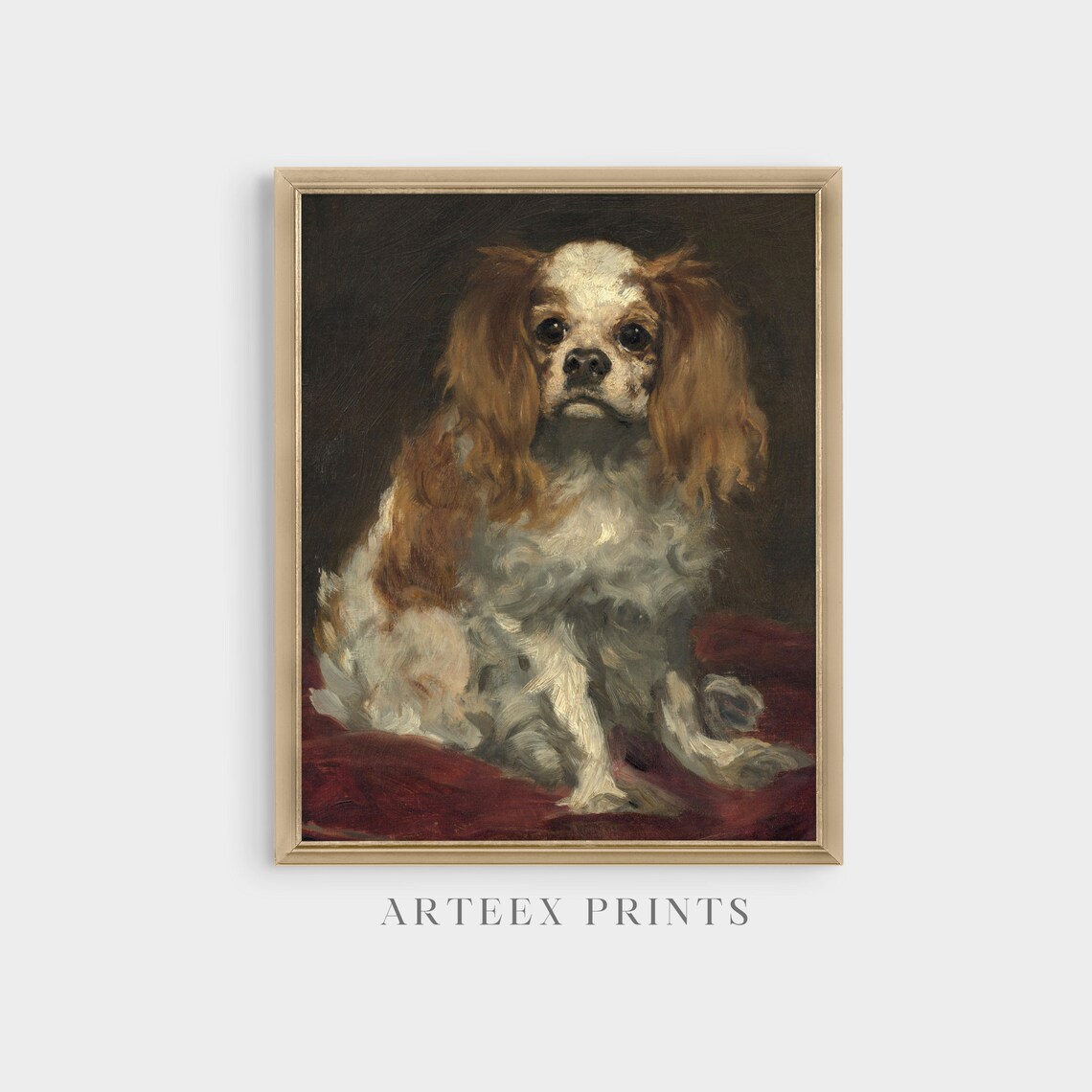 Spaniel Puppy on a Red Cushion Antique Dog Oil Portrait Poster - Image 5