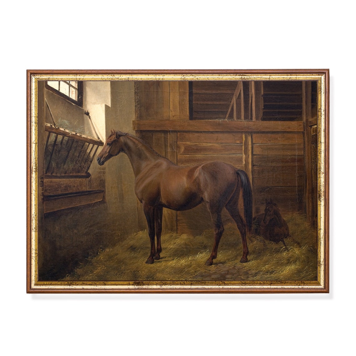 Chestnut Horse Standing in a Sunlit Stable Antique Oil Poster