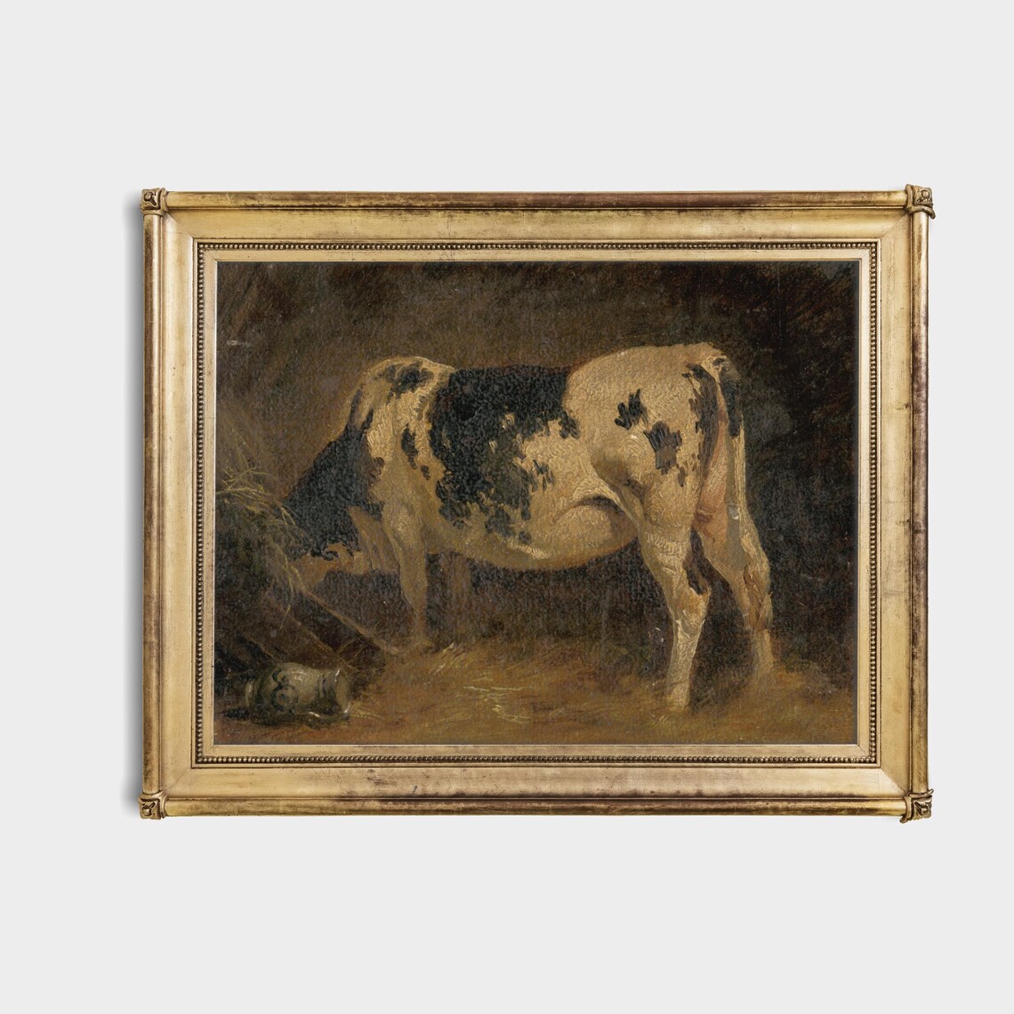 Black and White Spotted Cow in a Dark Barn Moody Farm Animal Poster - Image 3