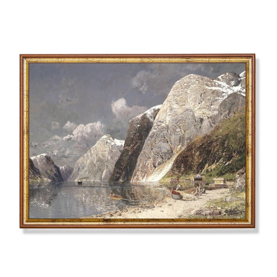 Vintage Lake Mountain Painting Antique Country Landscape Rustic Nature Print Farmhouse Decor Wall Art
