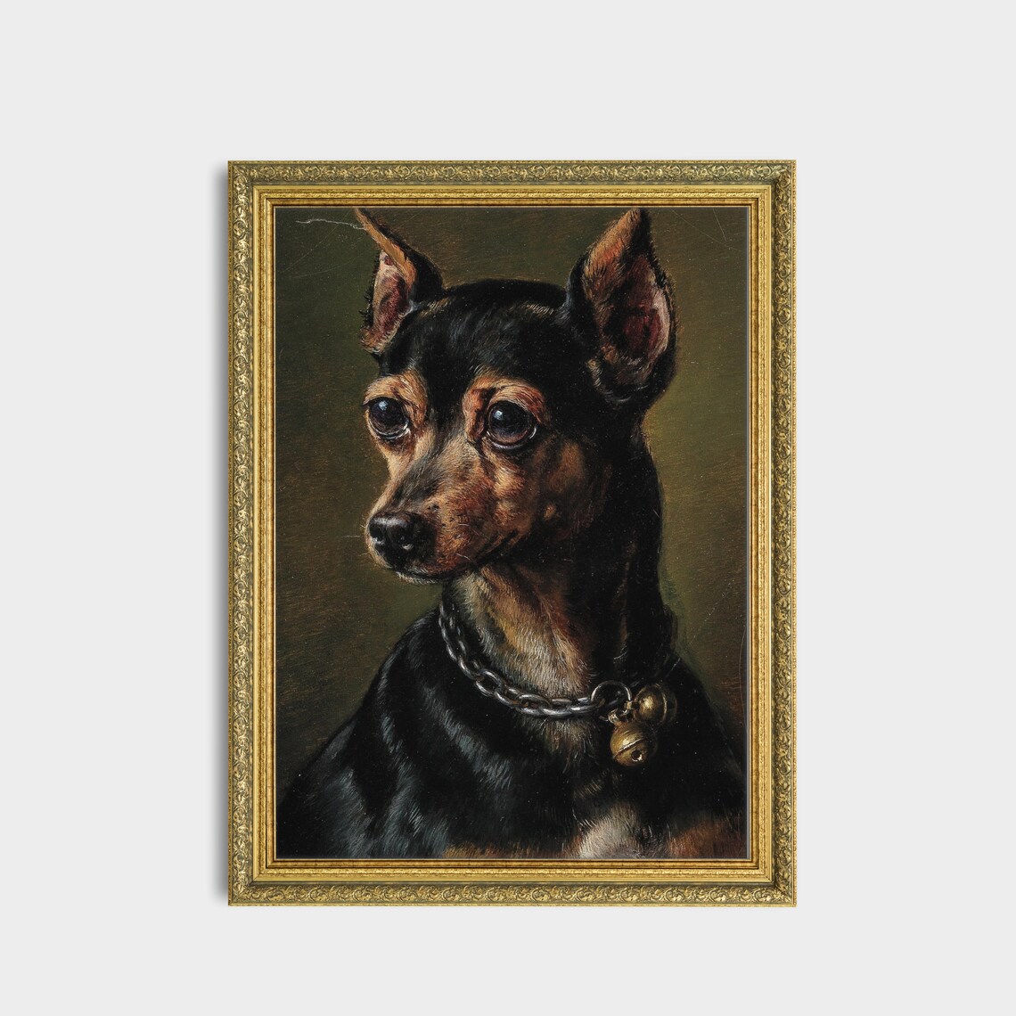 Vintage Small Black Dog Portrait Bell Collar Antique Pet Wall Art - Image 3
