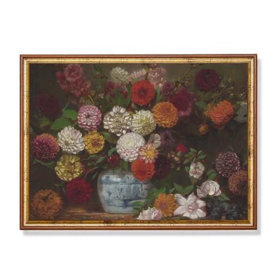 Vintage Still Life With Flowers Antique Floral Painting Moody Rustic Print Instant Wall Art Farmhouse Decor