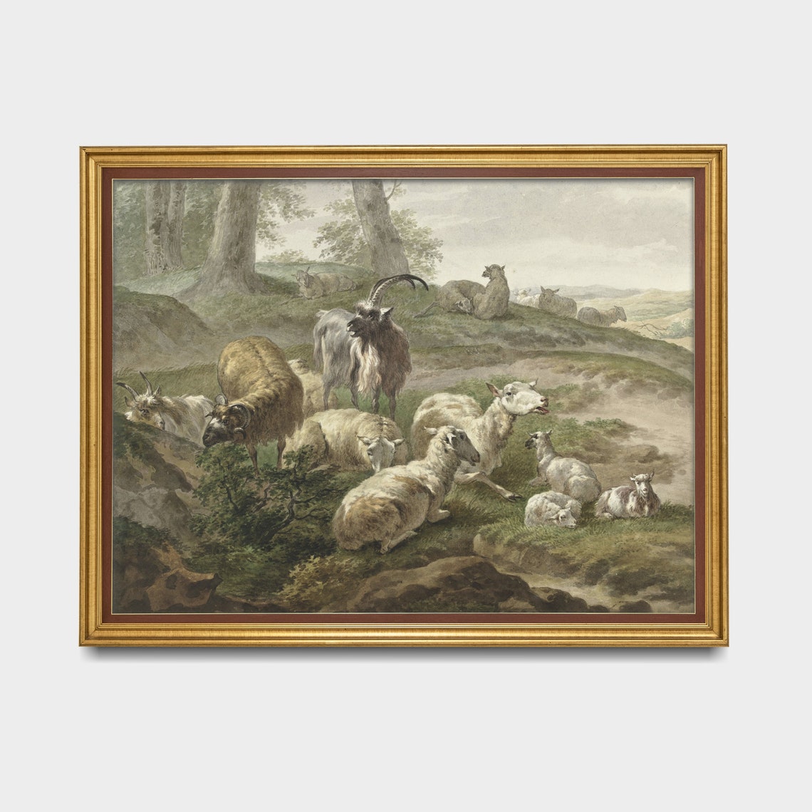 Sheep and Goats Resting on a Grassy Hillside Pastoral Poster - Image 3