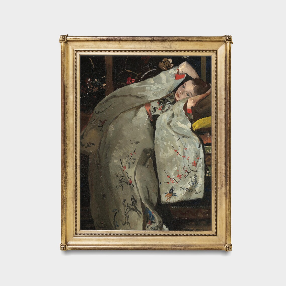 Reclining Girl in a White Floral Kimono Japonisme Vintage Poster - Image 2
