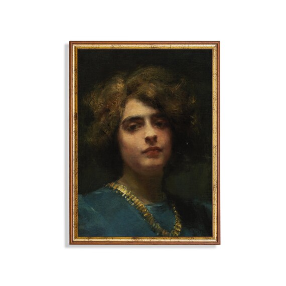 Moody Portrait of a Woman with Wild Curls in a Blue Dress Vintage Poster