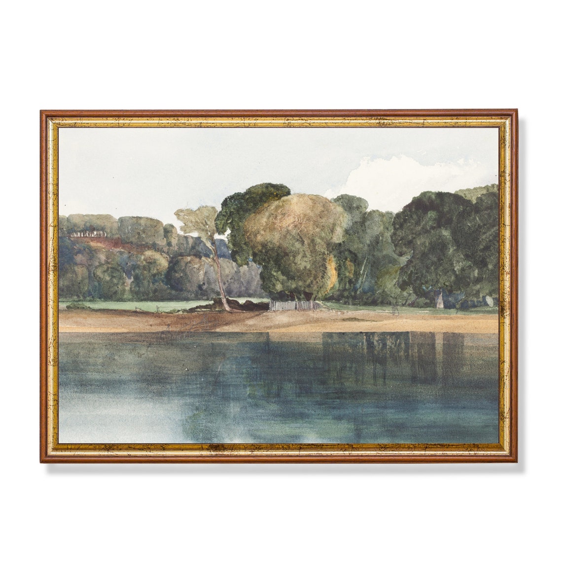 Still Blue Lake with Trembling Tree Reflections Watercolor Poster