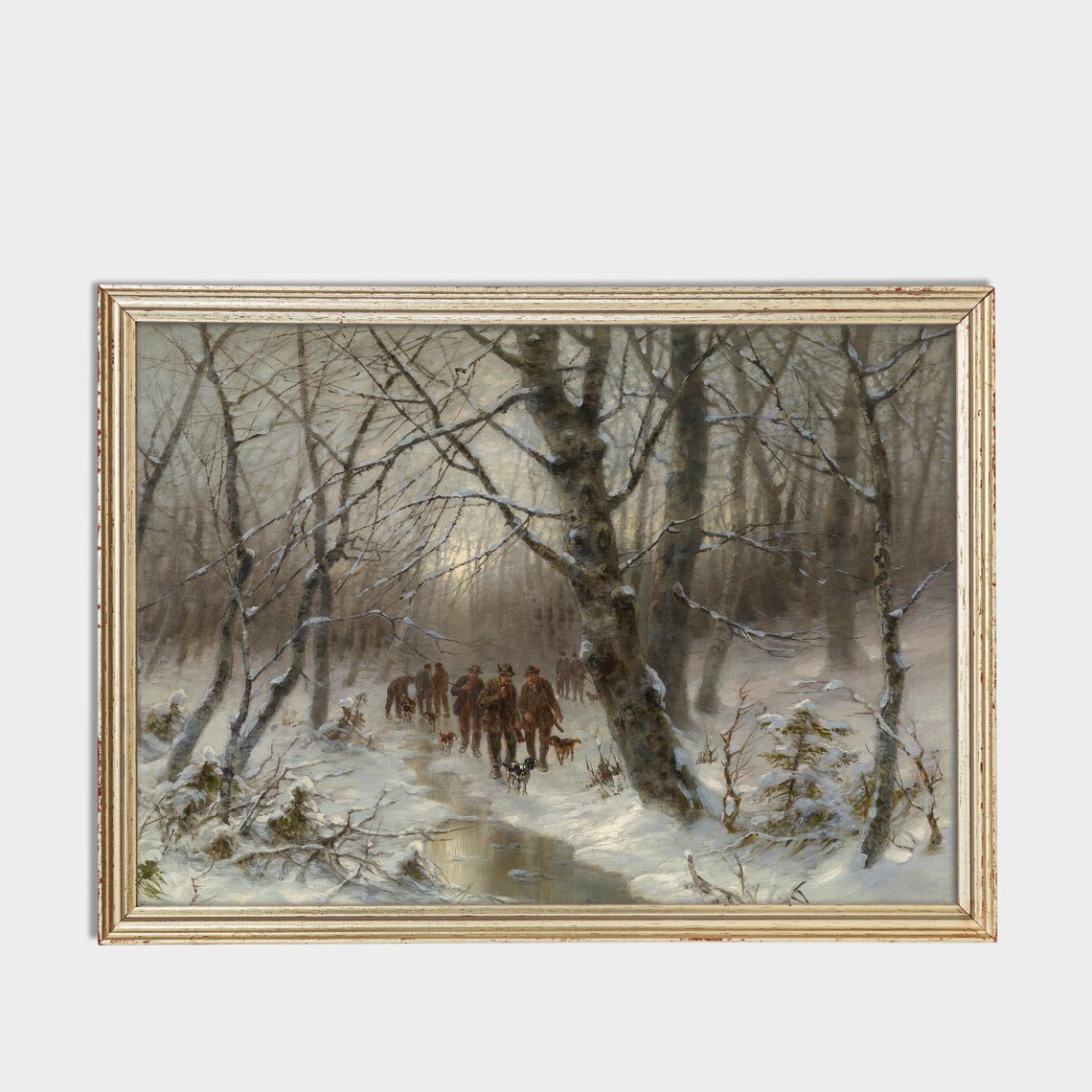 Party Of Hunters With Dogs In A Snowy Winter Forest Vintage Poster - Image 3