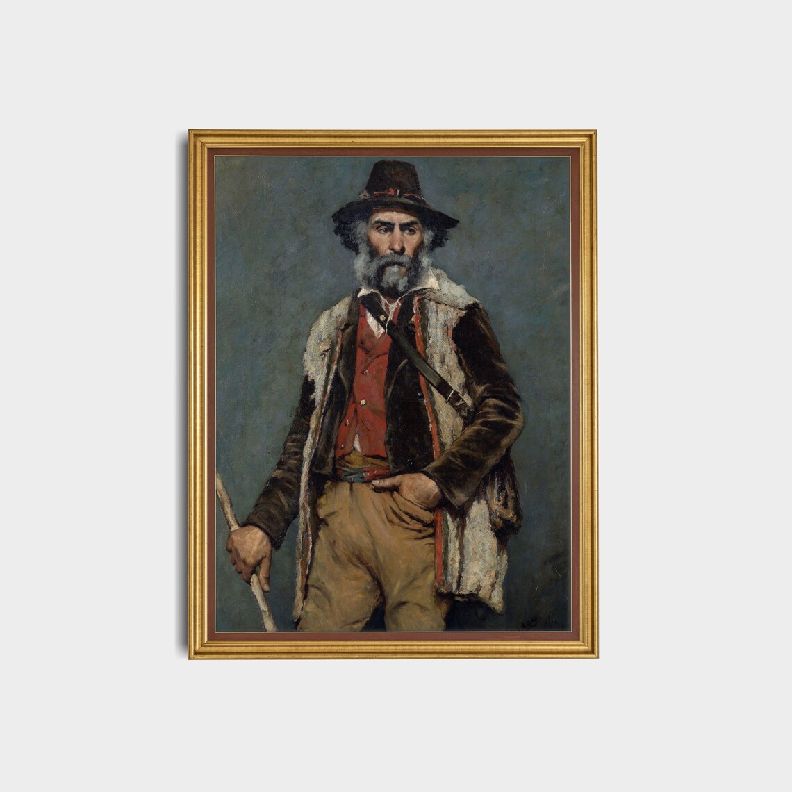 Bearded Traveller in a Hat with a Walking Staff Vintage Portrait Print - Image 3