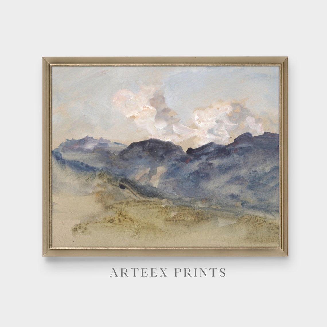 Misty Blue Mountains Under a Pale Cloudy Sky Watercolor Poster - Image 4