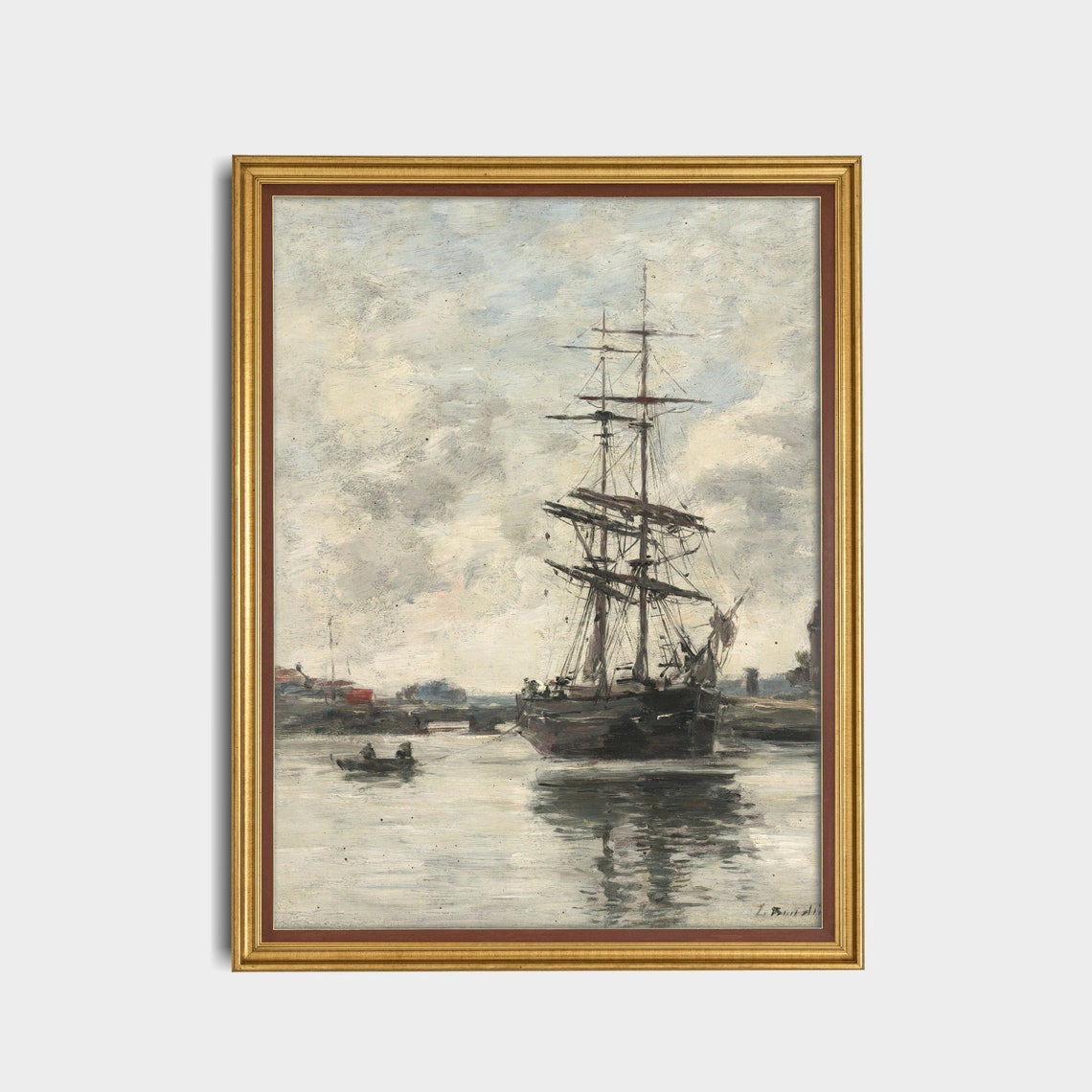 Tall Masted Ship Moored In A Quiet Harbor Antique Nautical Art Poster - Image 5