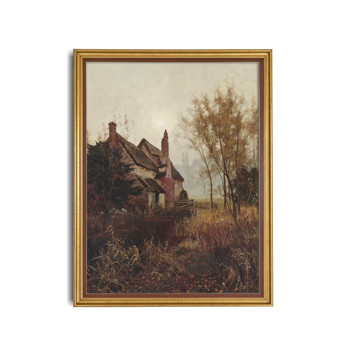 Thatched Watermill Cottage Beside Still Water at Dusk Country Poster - Image 3