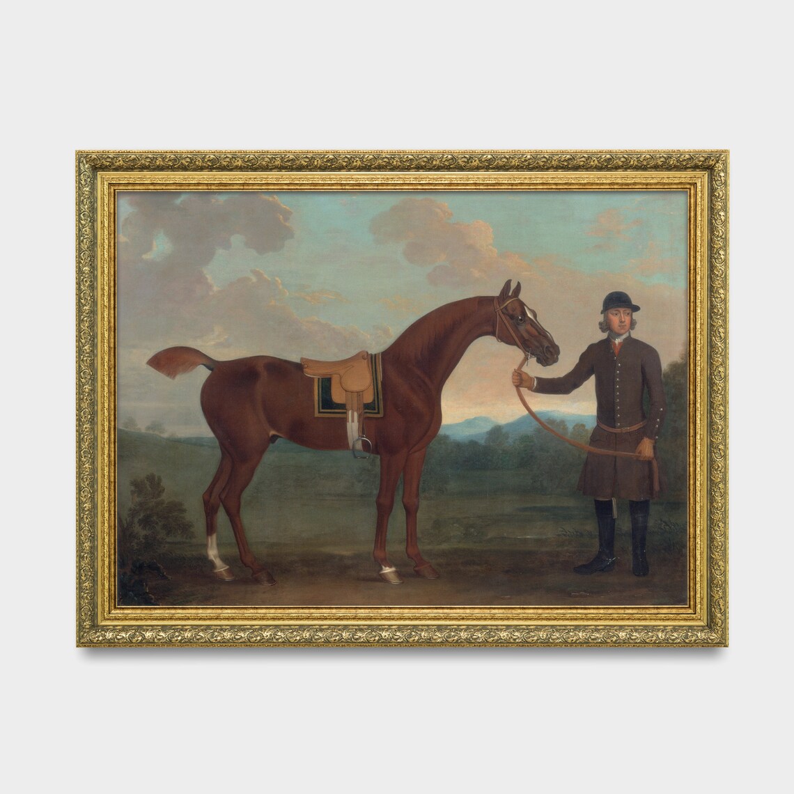 Stable Groom Holding a Saddled Bay Horse in Open Country Poster - Image 3