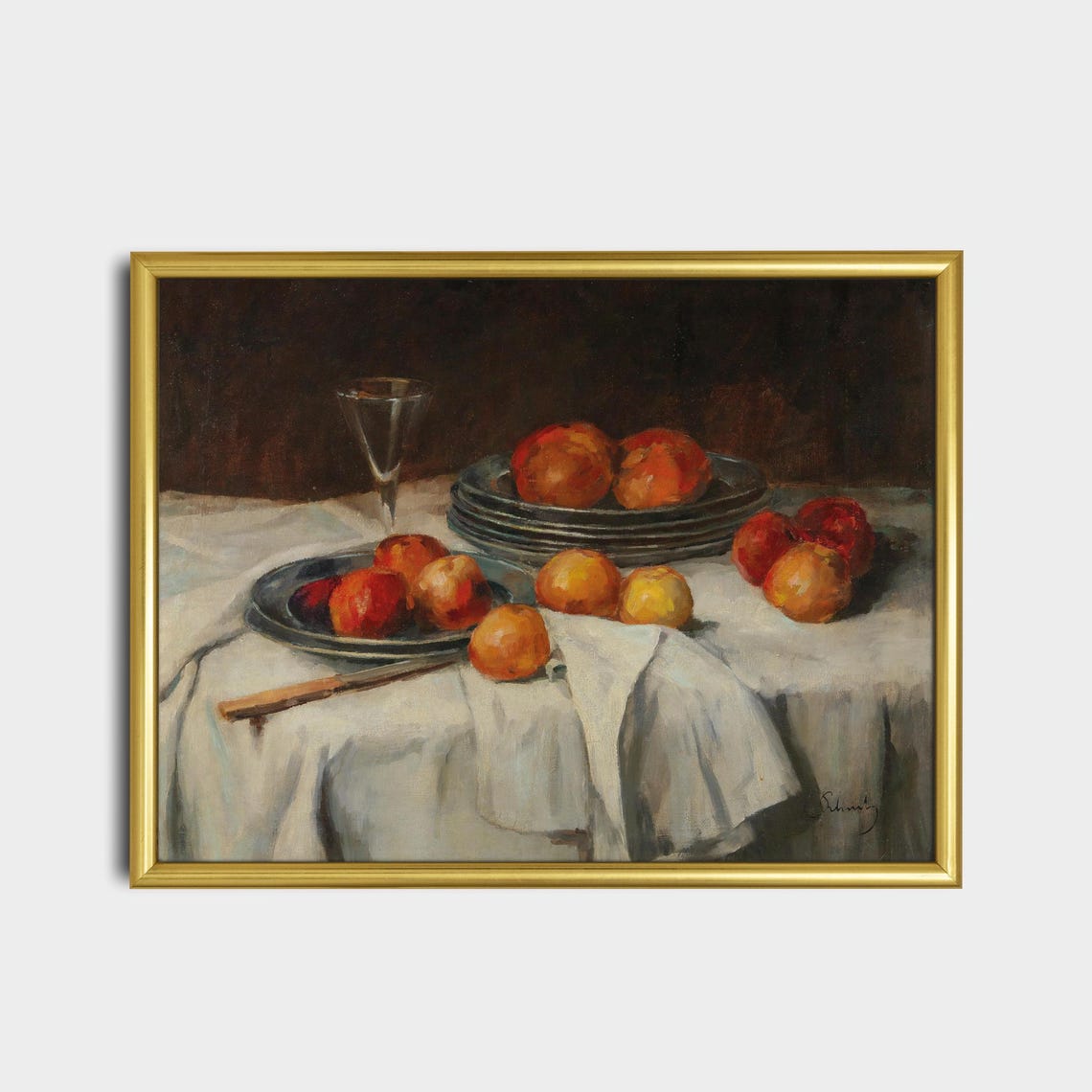 Apples and Wineglass Still Life on a White Tablecloth Poster - Image 2