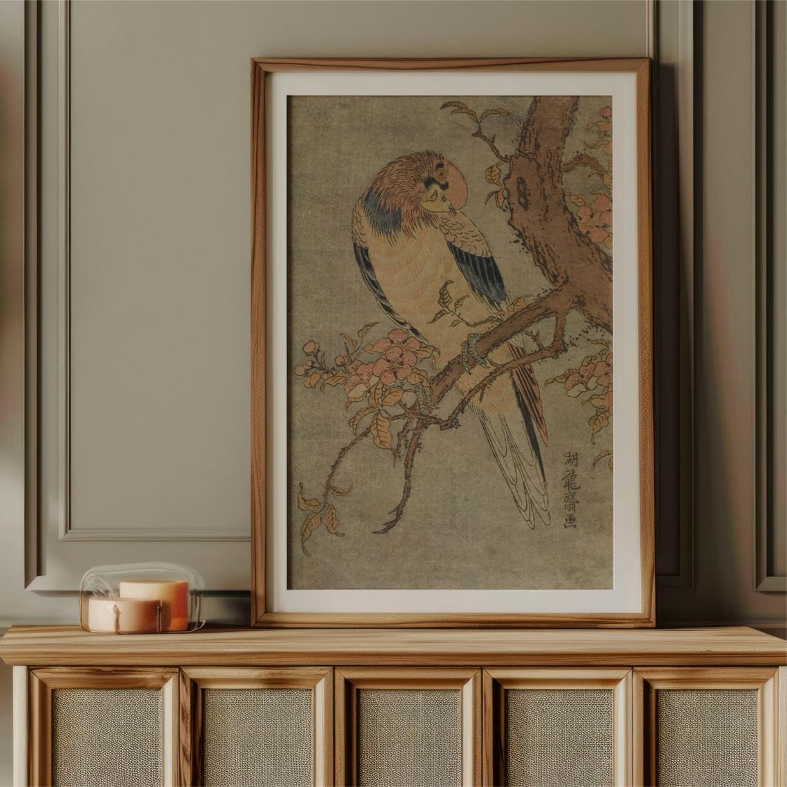 Japanese Woodblock Parrot on Flowering Branch Vintage Bird Poster