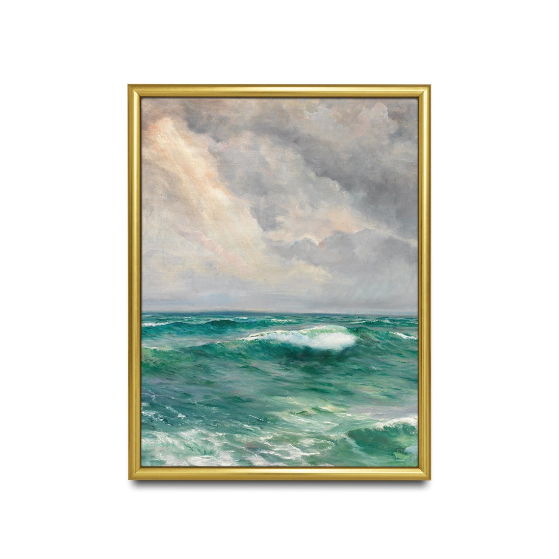 Emerald Ocean Waves Rolling Under a Soft Cloudy Sky Vintage Poster - Image 2