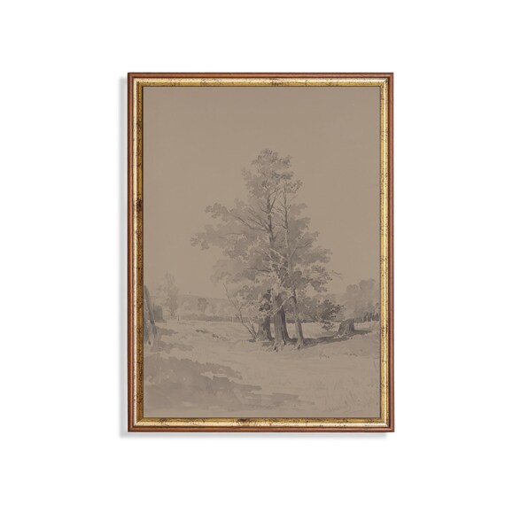 Print And Ship Wooded Landscape Vintage Sketch Drawing Antique Trees Print Rustic Moody Sketch Art Mailed Print Country Scenery