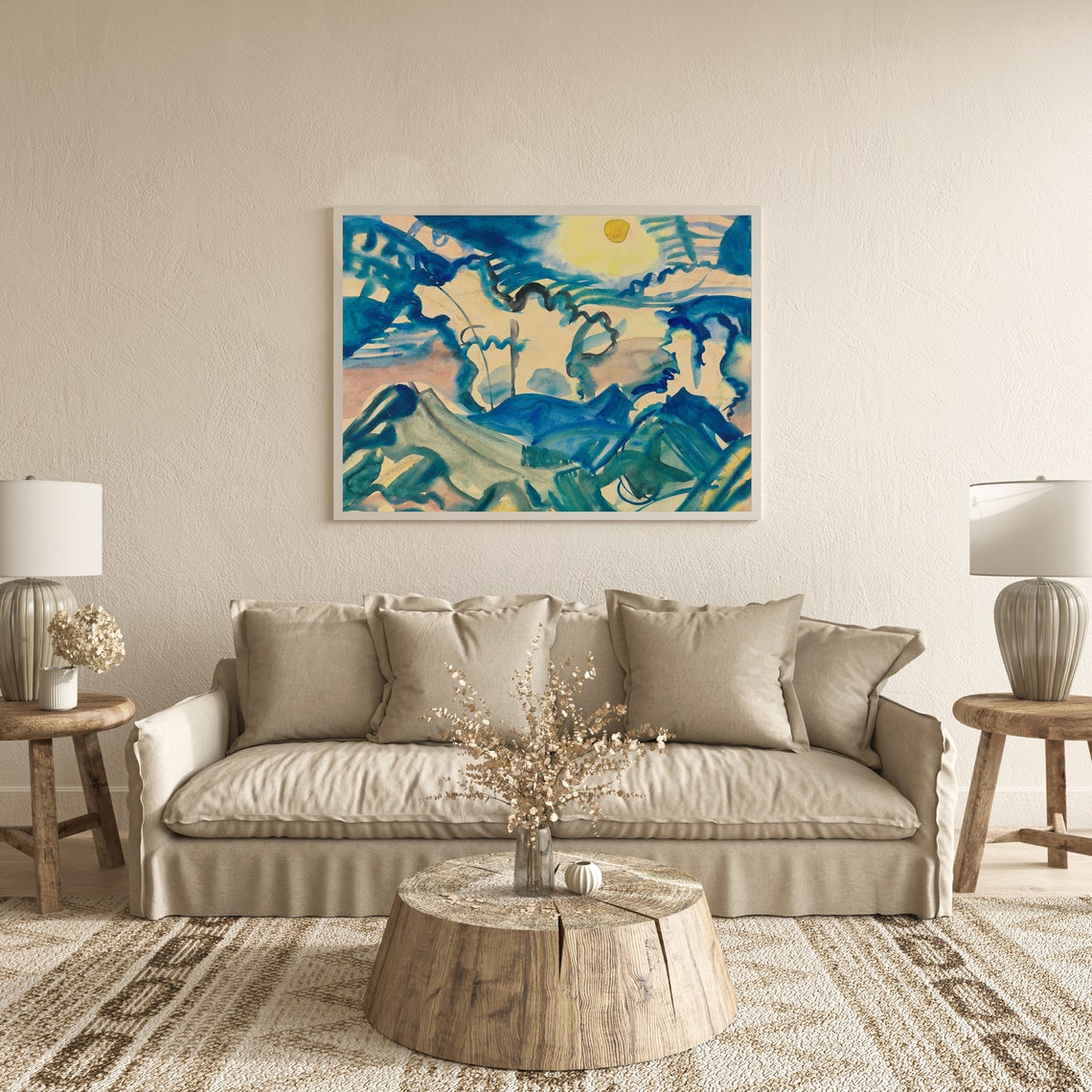 Abstract Blue Wave Watercolor With a Yellow Sun Modern Art Poster - Image 5