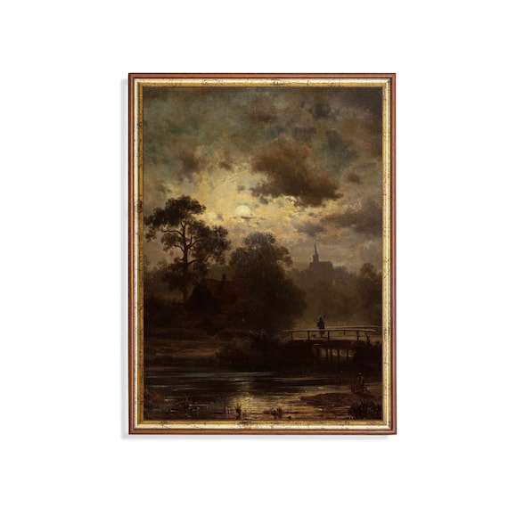 Moonlit River Bridge and Distant Church Antique Nocturne Poster