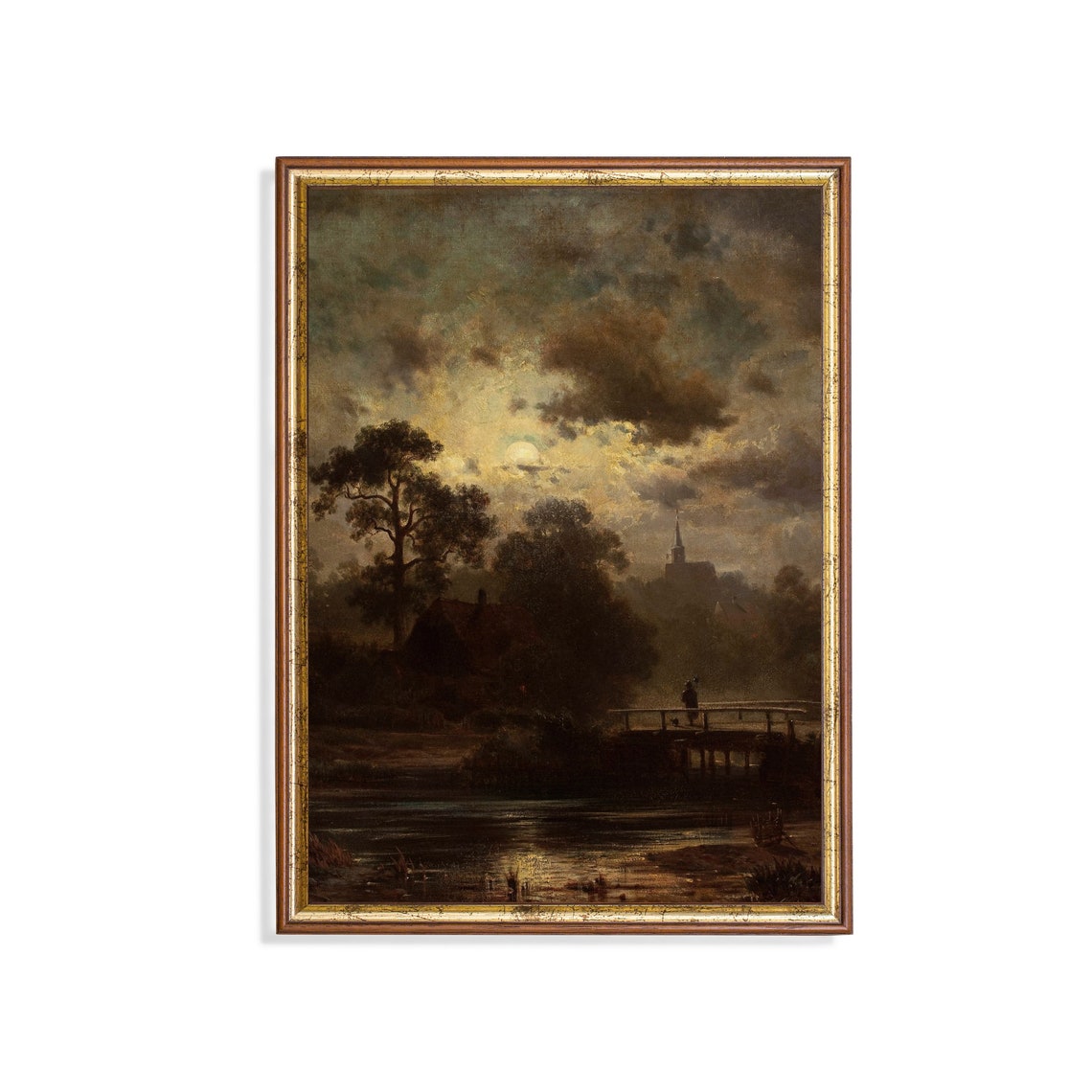 Moonlit River Bridge and Distant Church Antique Nocturne Poster