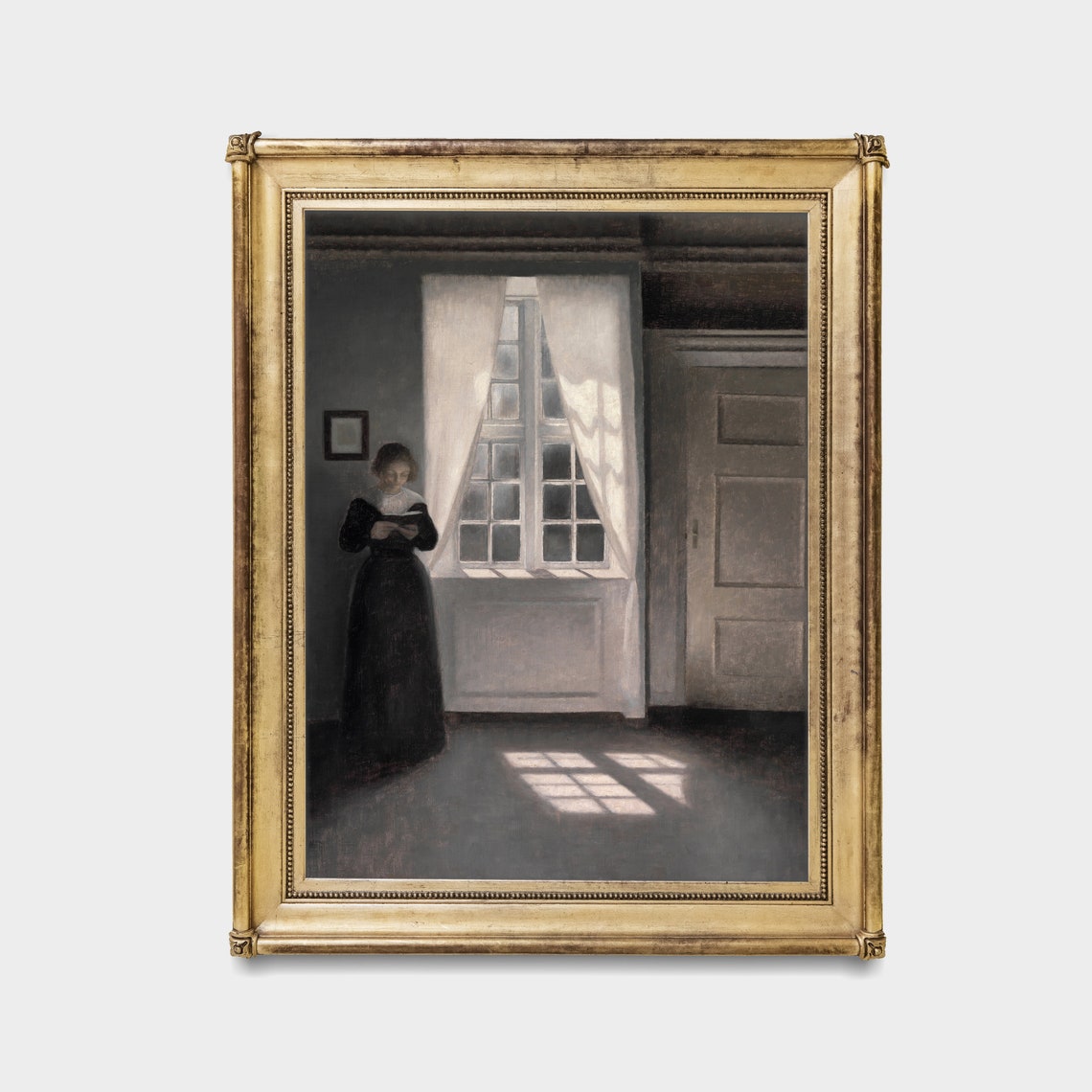 Woman Reading by a Tall Sunlit Window in a Moody Interior Poster - Image 2