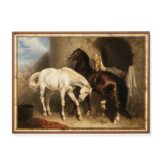 Printed And Shipped Vintage Horse Painting Horses At The Stable Moody Rustic Art Farmhouse Decor Horse Lover Gift Fine Art