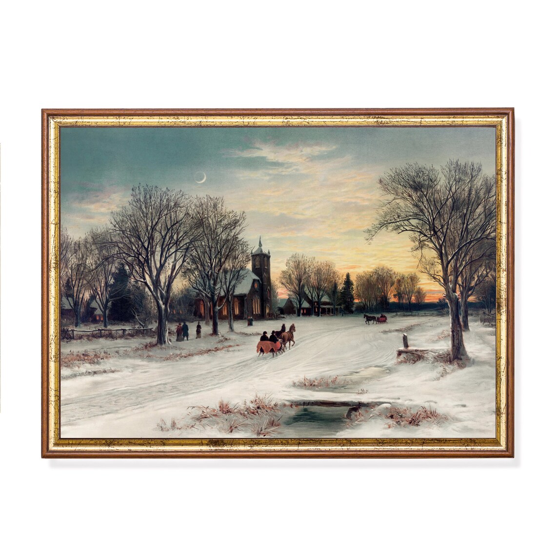 Snowy Village Church at Dusk with Sleighs Vintage Winter Scene Poster