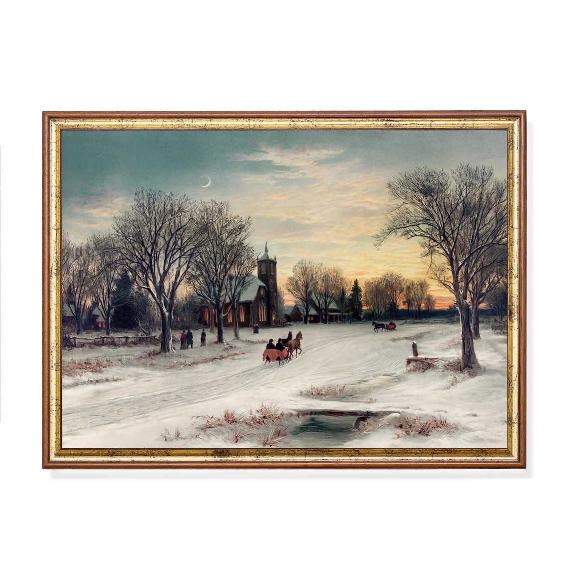 Village Church in Snow at Sunset with Horse Sleigh Winter Poster