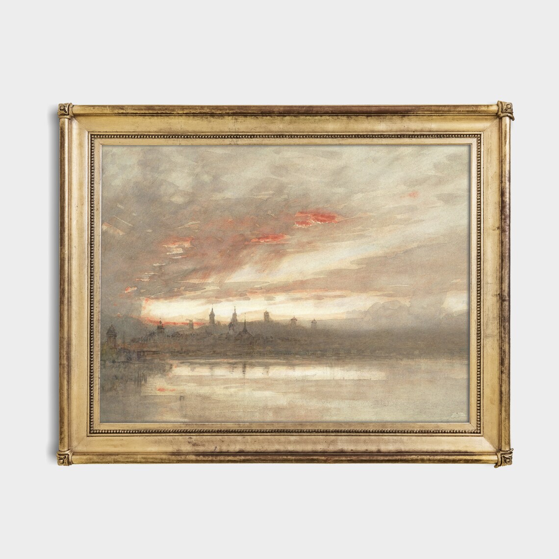 Misty City Skyline with Church Spires across Calm Water at Dusk Poster - Image 2