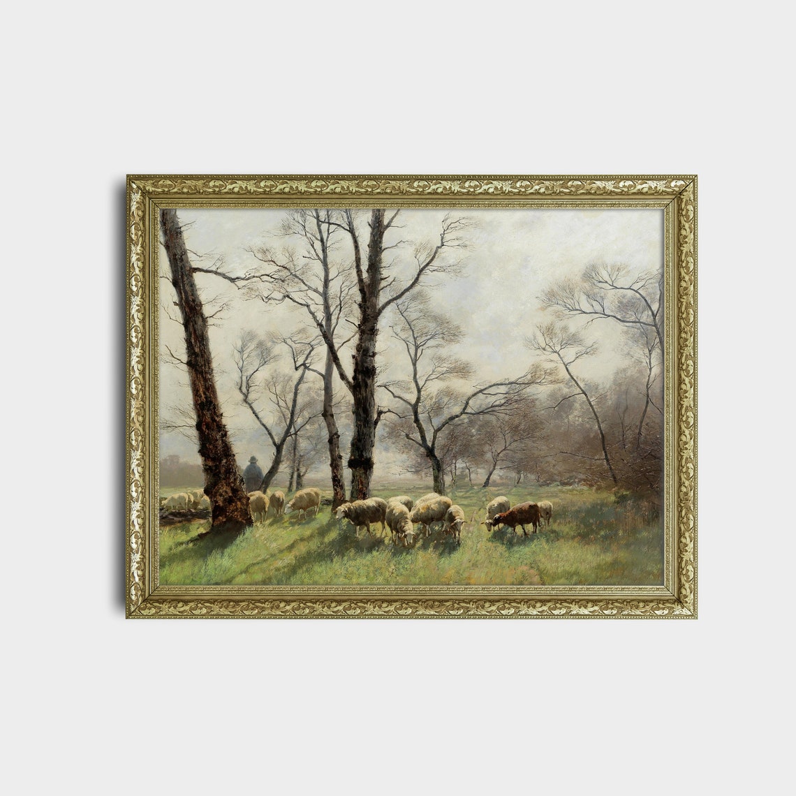 Shepherd Watching His Flock of Sheep in Spring Pasture Poster - Image 2