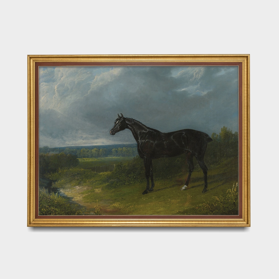 Black Horse Standing Alone in a Moody Country Landscape Poster - Image 3