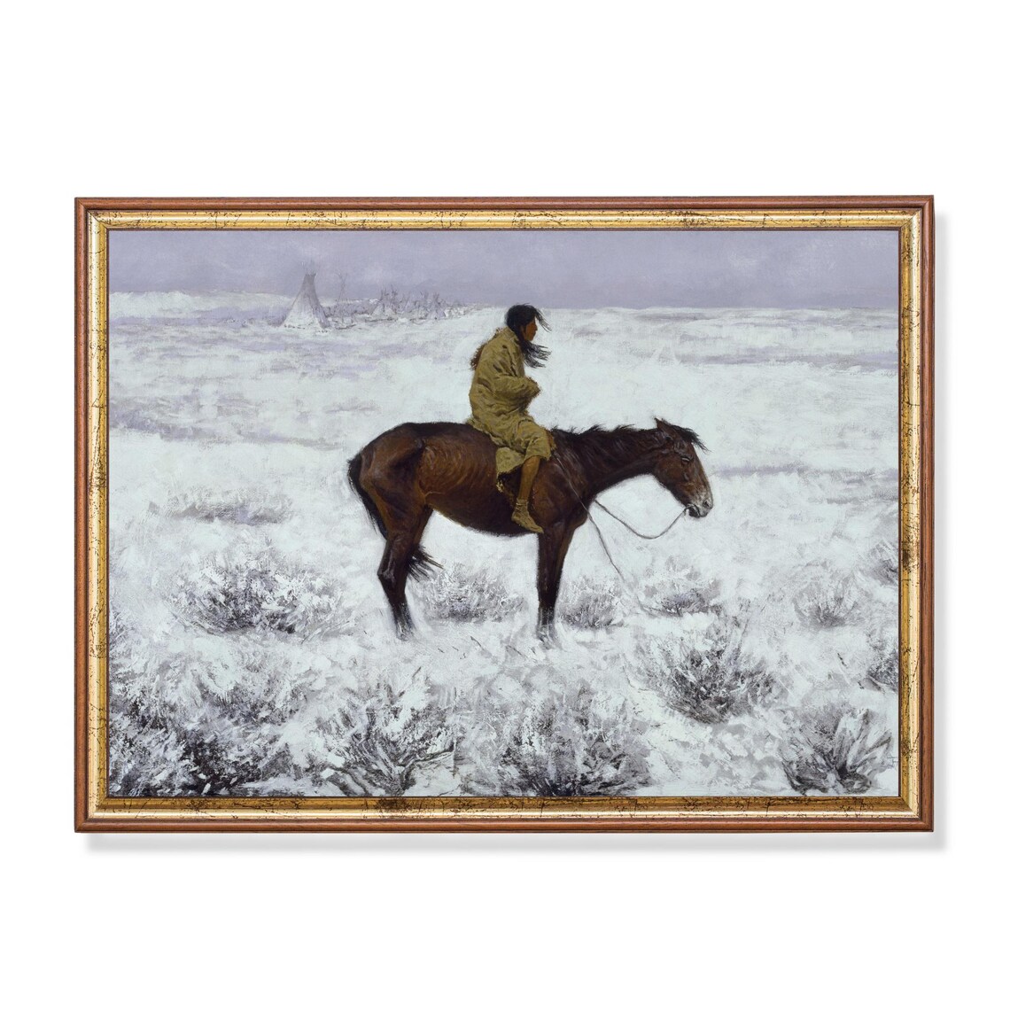 Native American Rider In A Snowy Prairie Vintage Western Poster