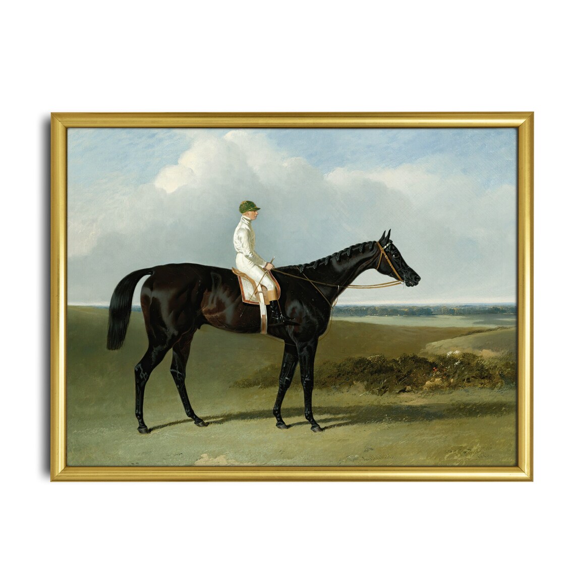 Jockey in White Silks on a Dark Bay Racehorse Painting Poster