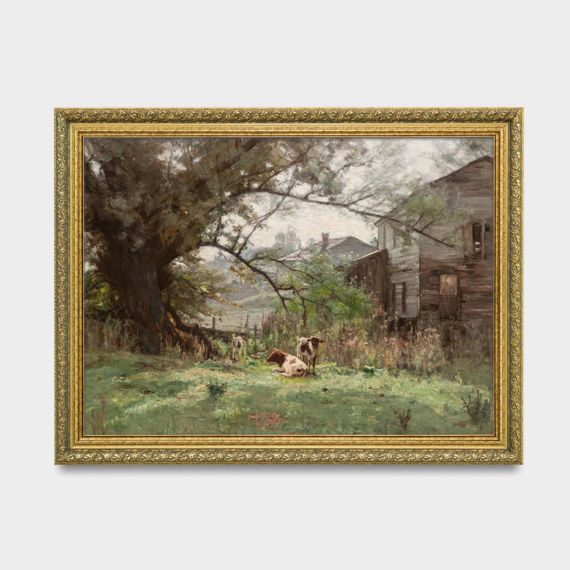 Cows Resting in a Farmyard by a Barn Beneath a Great Tree Poster - Image 3