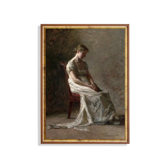 Seated Woman in White Daydreaming Antique Oil Portrait Poster