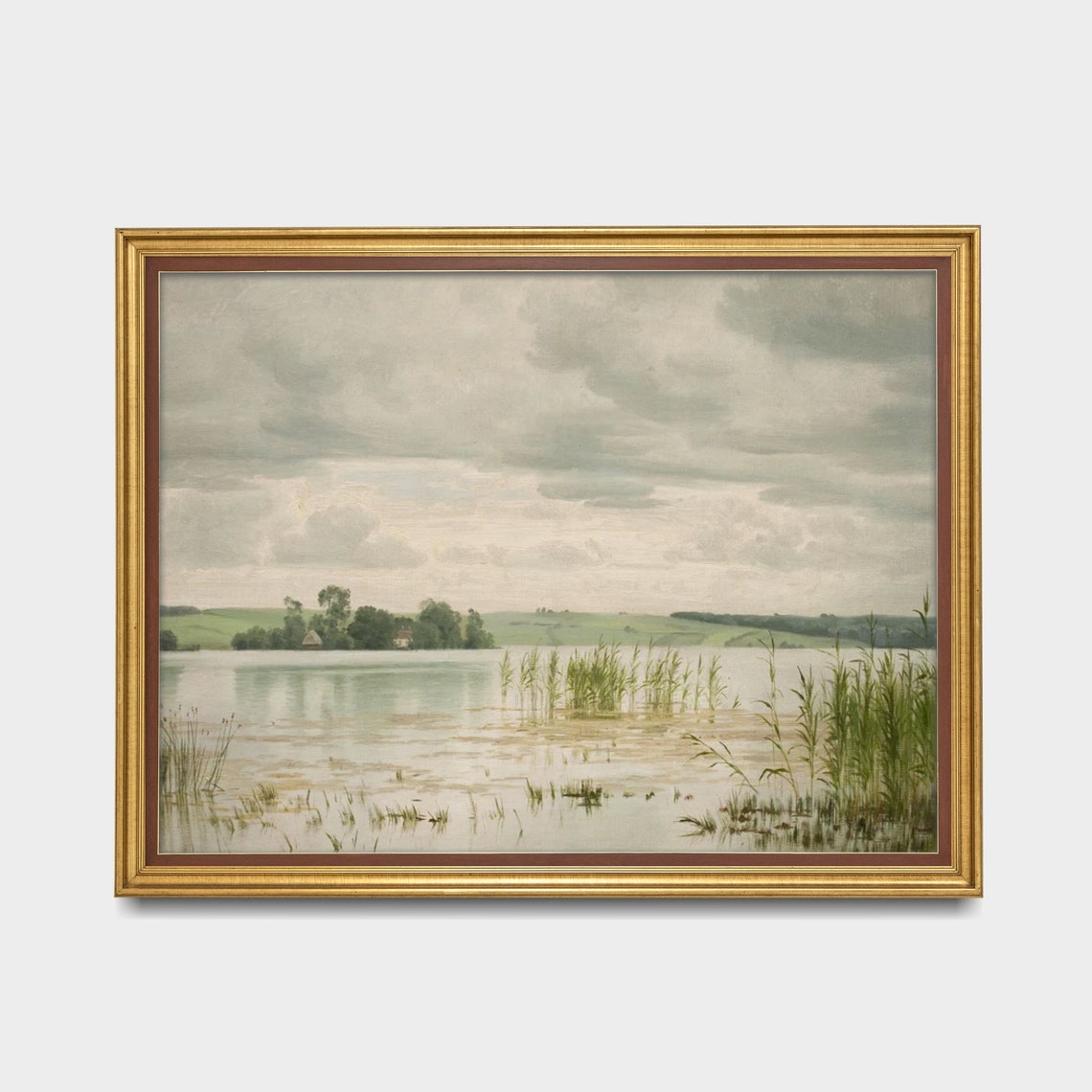 Calm Lake with Reeds Reflected Under a Cloudy Sky Landscape Oil Print - Image 3