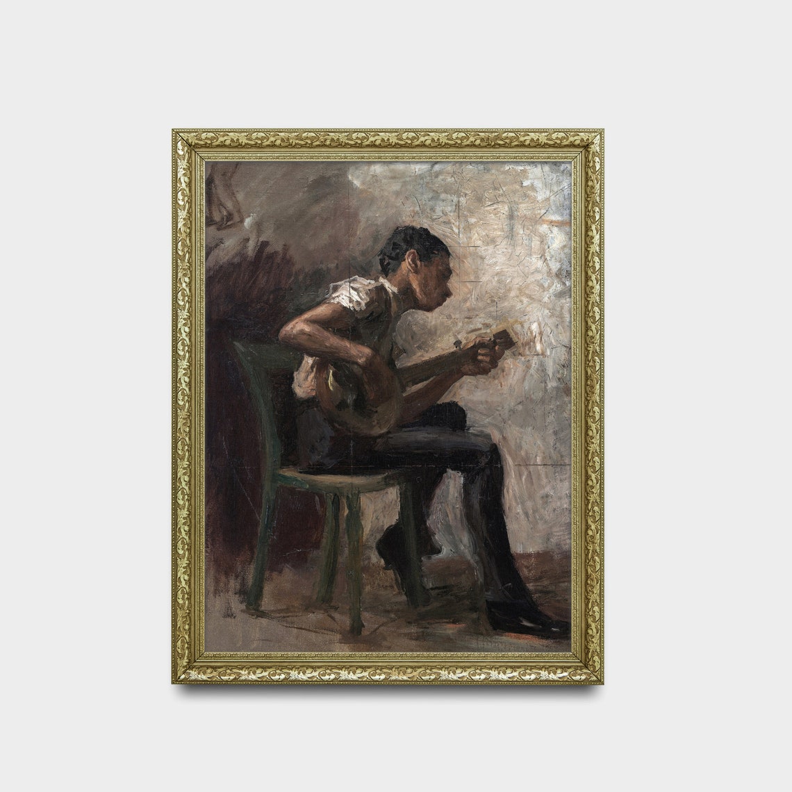 Seated Young Man Playing Guitar in a Moody Vintage Portrait Poster - Image 2
