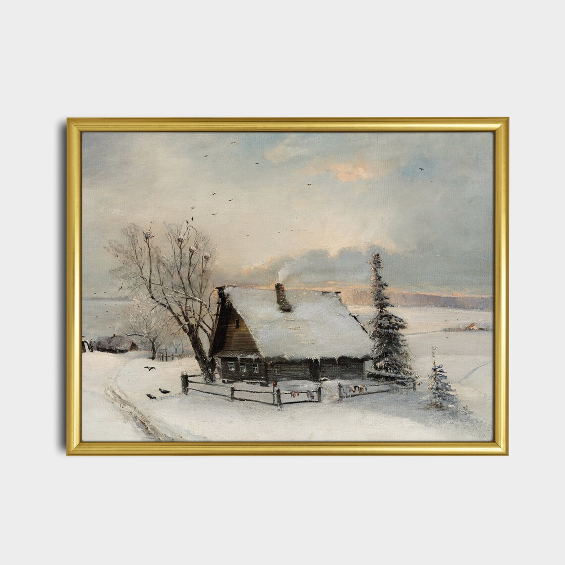 Snow Cabin Vintage Winter Landscape Rustic Art Print - Image 4