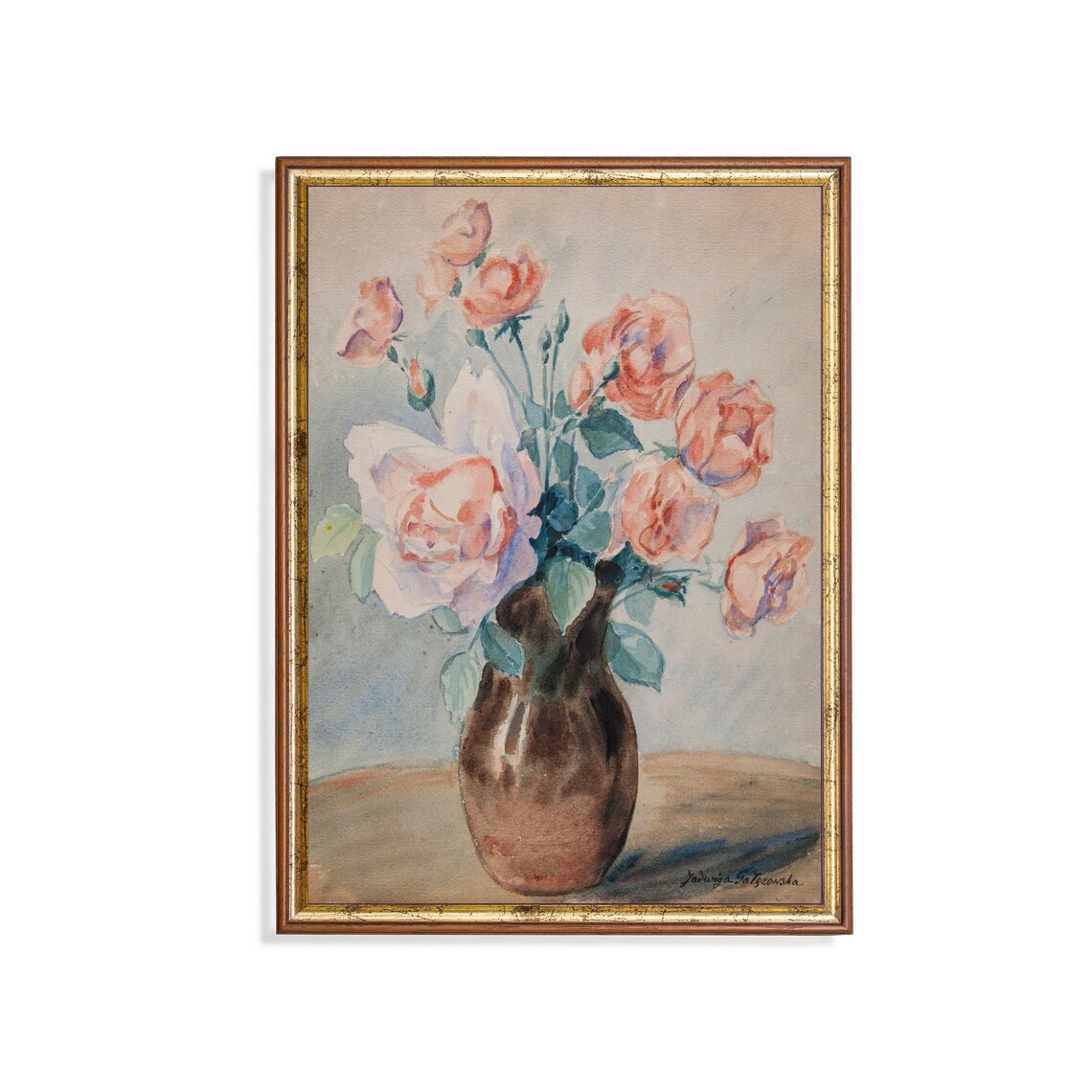 Blush Roses in Brown Vase Watercolor Floral Still Life Poster