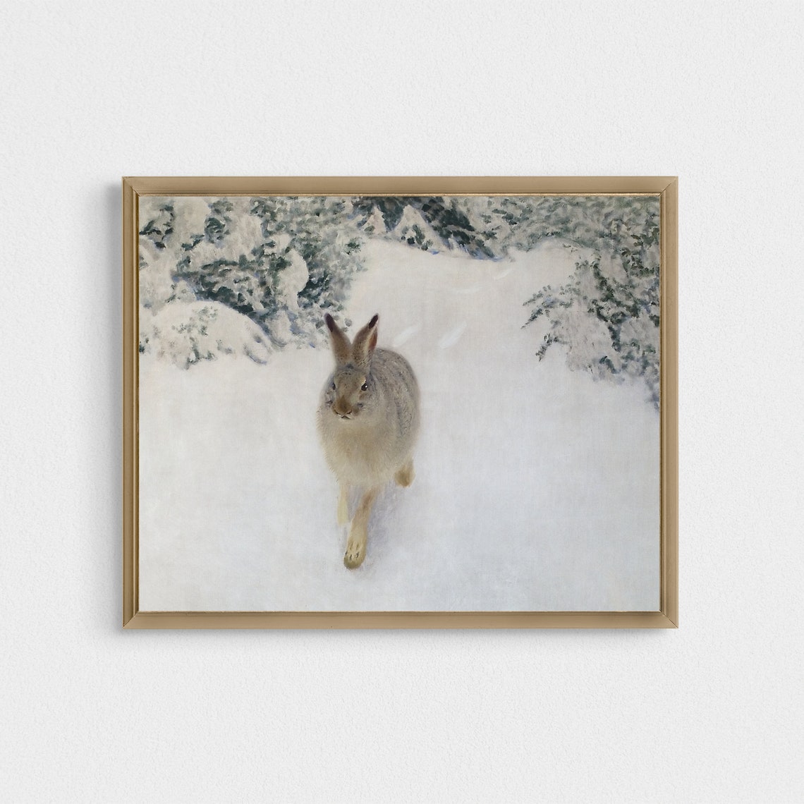 Hare Running Through Deep Snow Vintage Winter Wildlife Painting Poster - Image 2